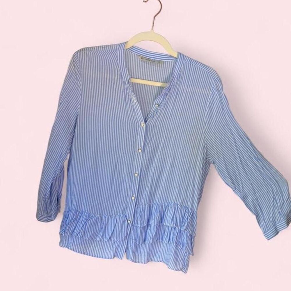 Zara Blue Striped Blouse with Ruffles